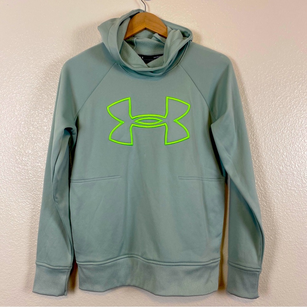 Under Armour Mens S Drawstring Pull Over Hoodie Sweatshirt Teal Cold Gear Small